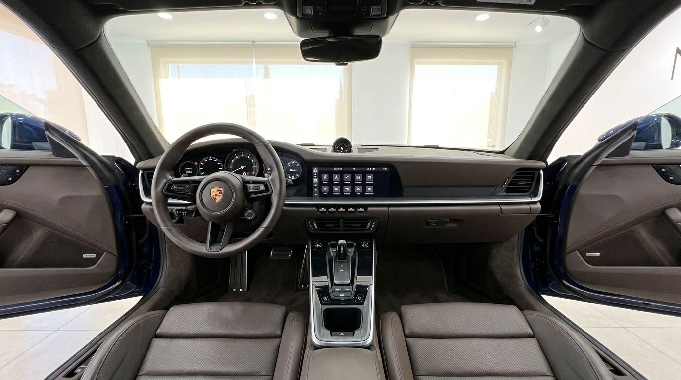 Das luxuriöse Interieur des Porsche 911 Carrera 4S auf Ibiza, mit Armaturenbrett, Lenkrad und braunen Ledersitzen, beide Türen offen.
