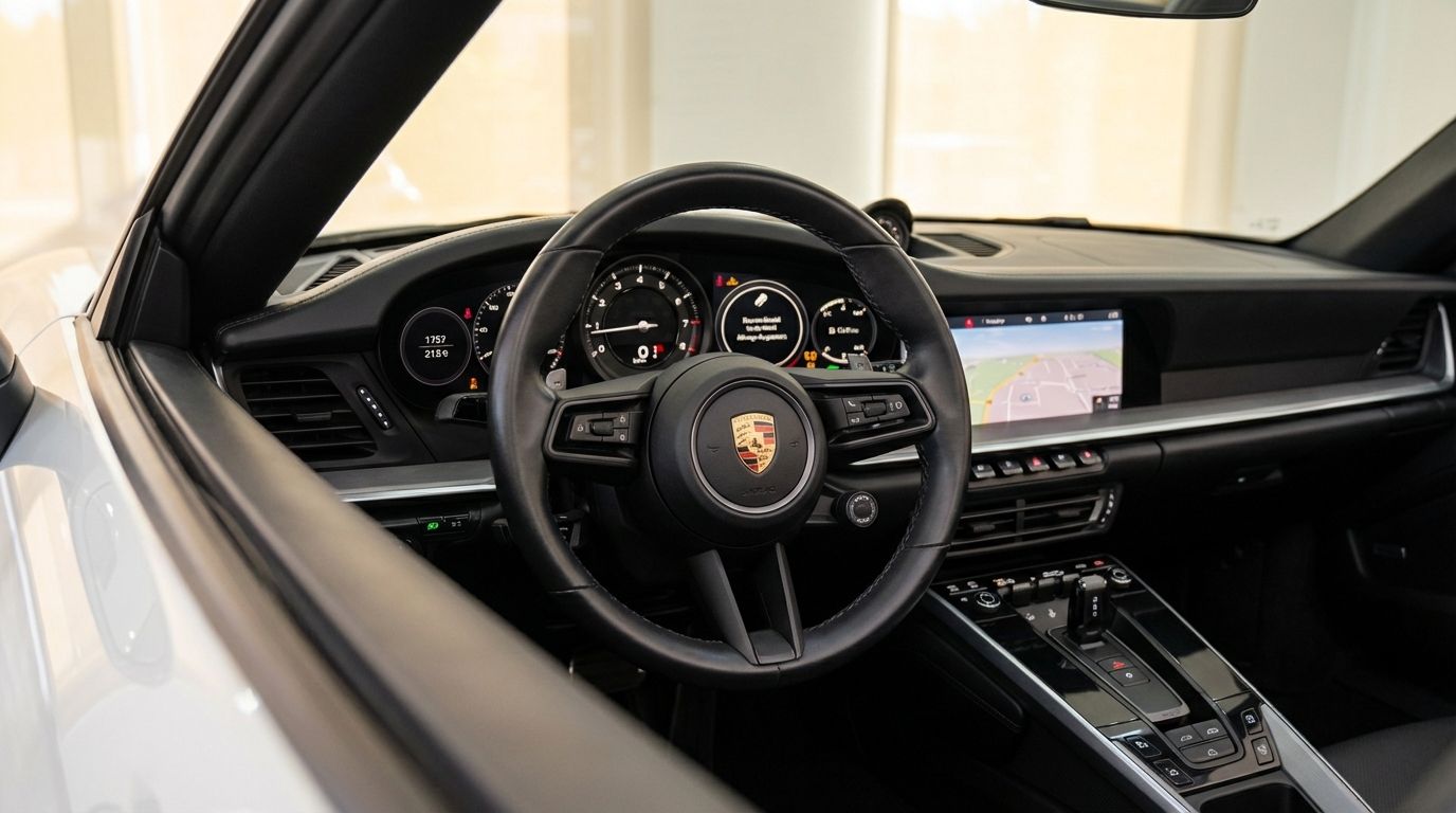 The luxurious interior of the Porsche 911 Carrera S 992 Cabrio, featuring the steering wheel, dashboard, and infotainment screen in Marbella.