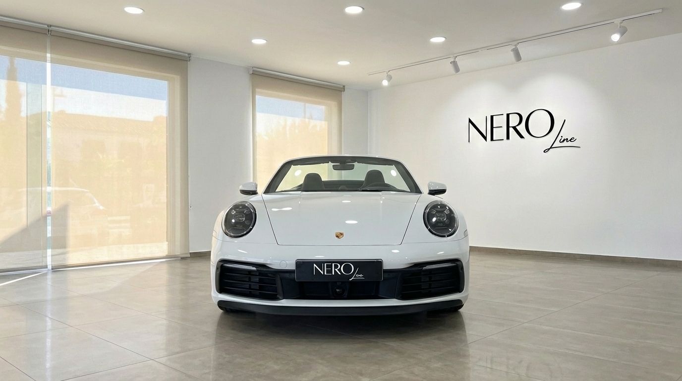 A white Porsche 911 Carrera S 992 Cabrio is parked front-on in a bright showroom with the NeroLine logo on the wall in Marbella.