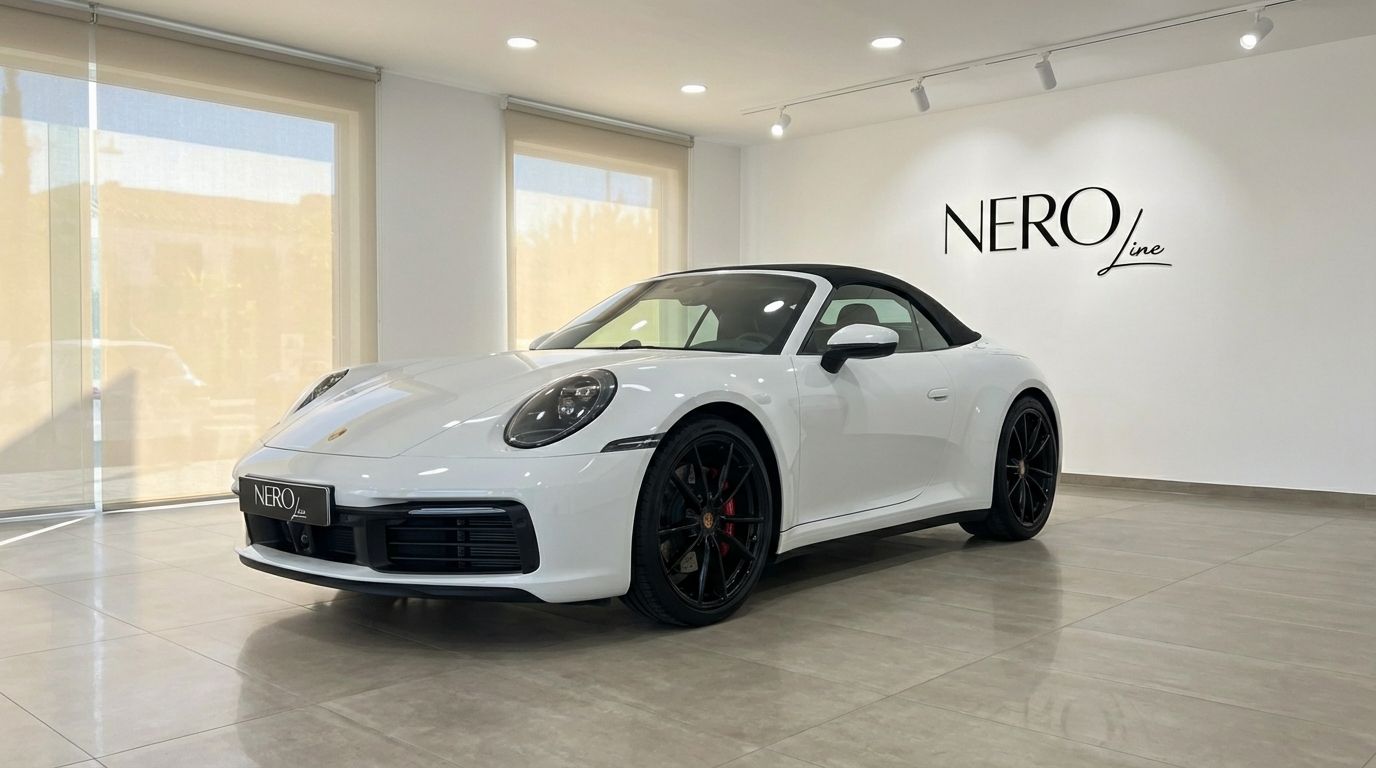 A white Porsche 911 Carrera S 992 Cabrio convertible is displayed from a front three-quarter view in a Marbella showroom.