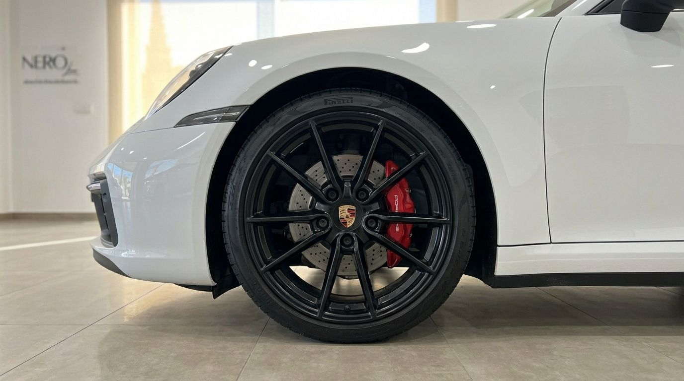 A close-up of the white Porsche 911 Carrera S 992 Cabrio's front wheel with black rims and red brake calipers in Marbella.