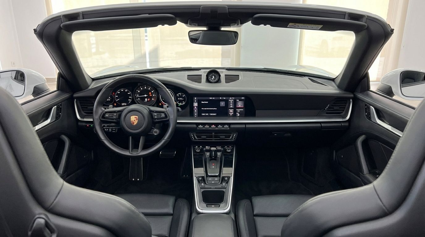 The luxurious black leather interior and dashboard of the Porsche 911 Carrera S 992 Cabrio in Marbella, viewed from the rear seats.