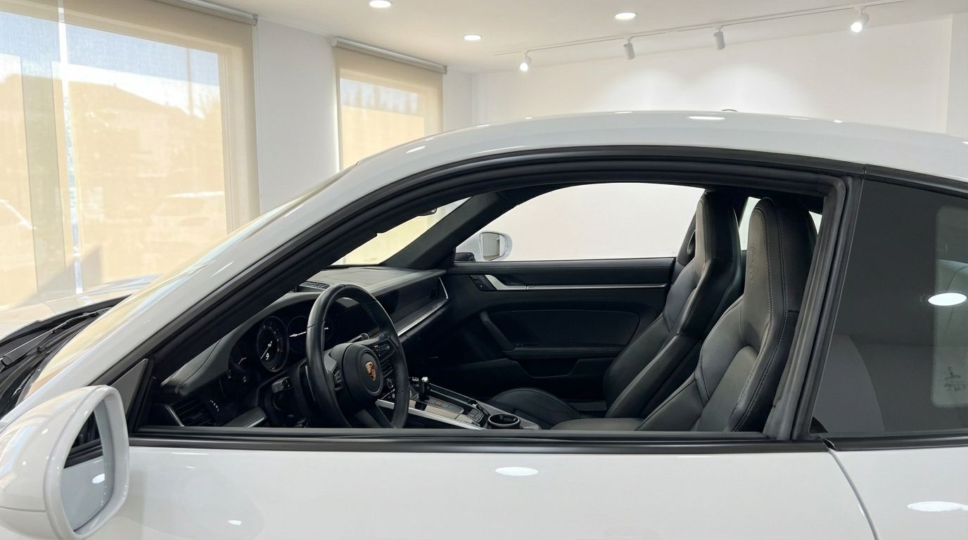 Porsche 911 Carrera S 992 Cabrio's luxurious black leather interior, including the dashboard and seats, seen from the side in Marbella.