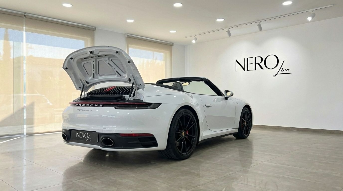 A white Porsche 911 Carrera S 992 Cabrio is parked in a Marbella showroom, viewed from the rear three-quarter angle with its engine cover open.