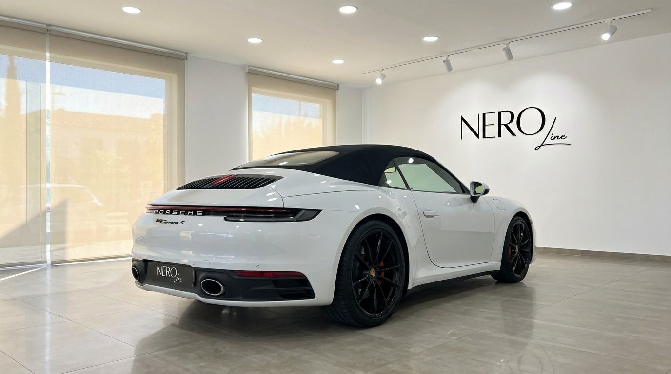 A white Porsche 911 Carrera S 992 Cabrio is parked in a showroom, viewed from the rear three-quarter angle in Marbella.