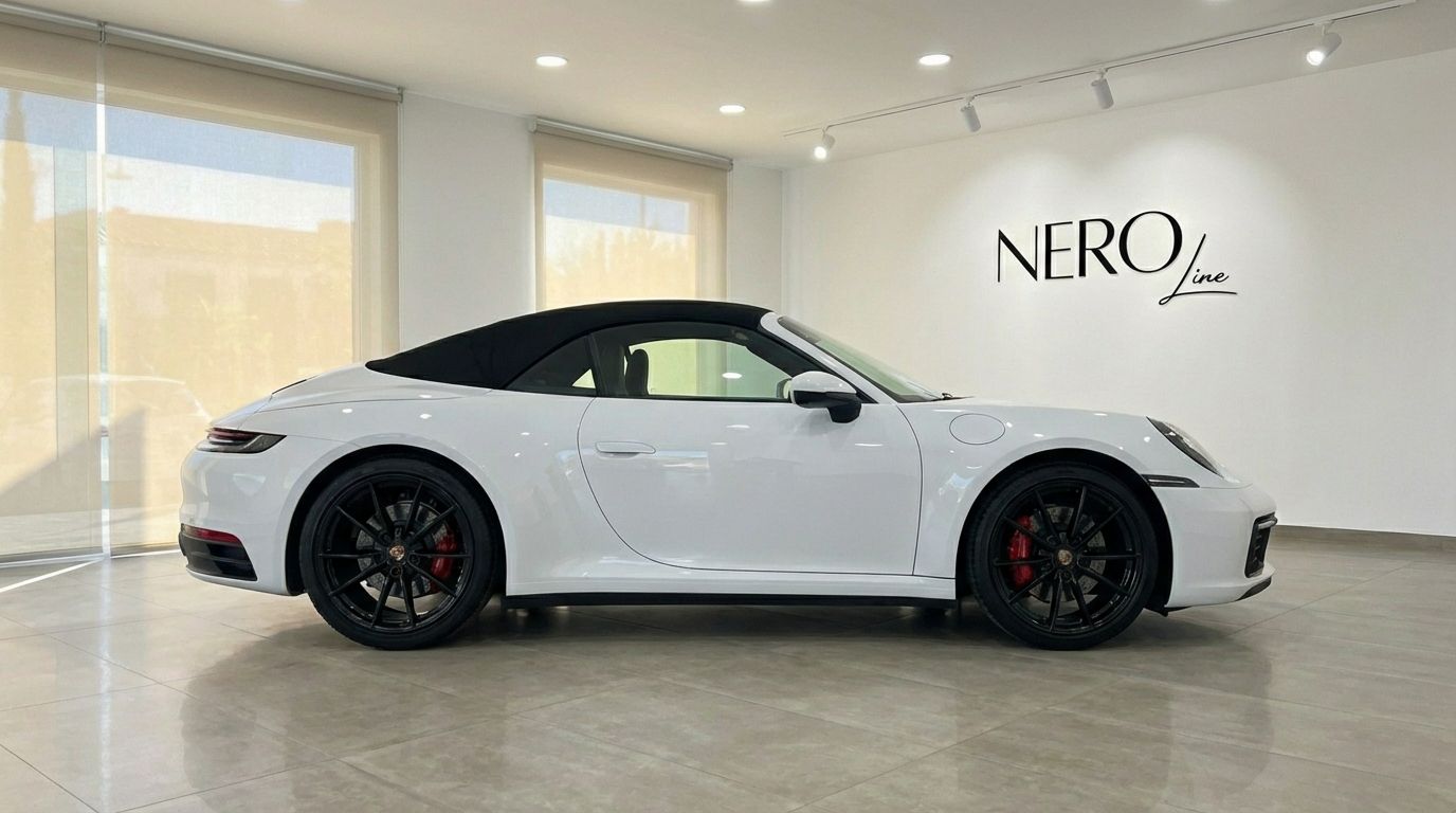 White Porsche 911 Carrera S 992 Cabrio with its black convertible top up, displayed in a showroom in Marbella.