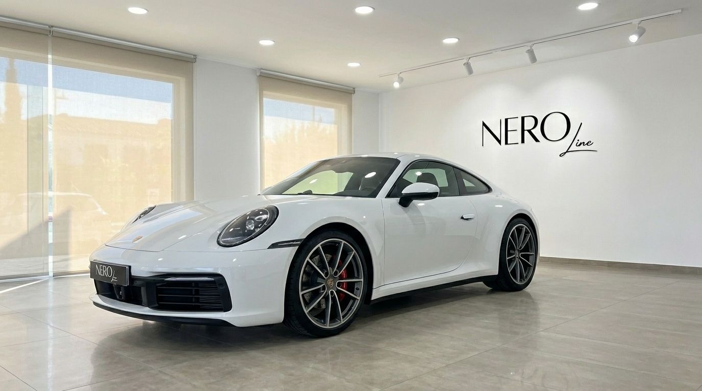 El Porsche 911 Carrera S 992 (Coupe) blanco se exhibe desde un ángulo frontal tres cuartos en un luminoso showroom de Madrid.