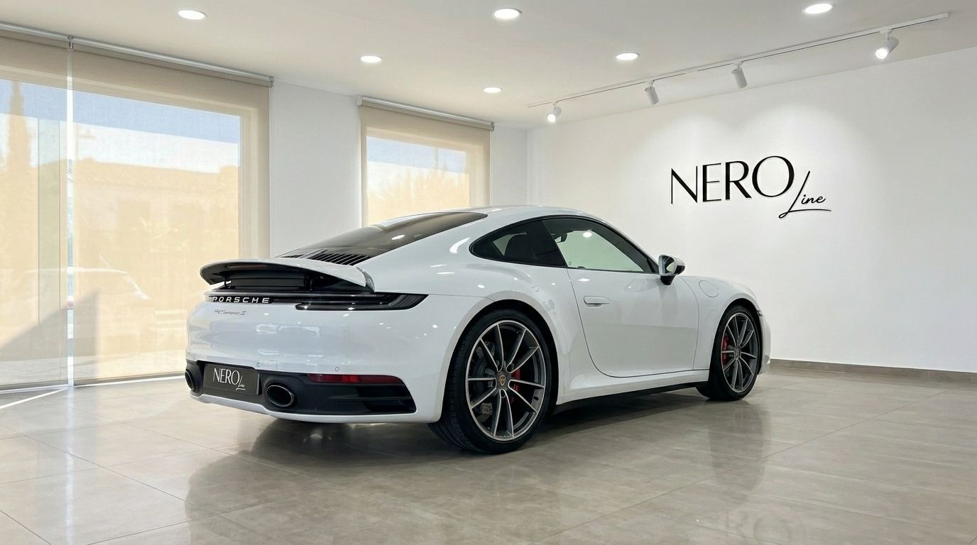 El Porsche 911 Carrera S 992 blanco está aparcado en un concesionario, visto desde su ángulo trasero tres cuartos en Madrid.