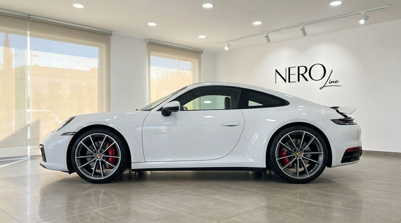 Un Porsche 911 Carrera S 992 (Coupe) blanco se muestra de perfil completo dentro de una moderna sala de exposición en Madrid.