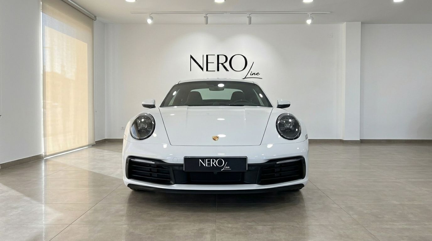 El Porsche 911 Carrera S 992 (Coupe) blanco se exhibe prominentemente de frente en un luminoso showroom en Madrid.