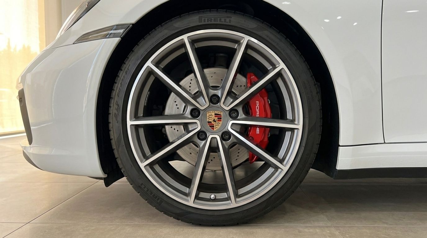 Rueda delantera de un Porsche 911 Carrera S 992 blanco, mostrando la llanta de aleación multirradio y la pinza de freno roja.