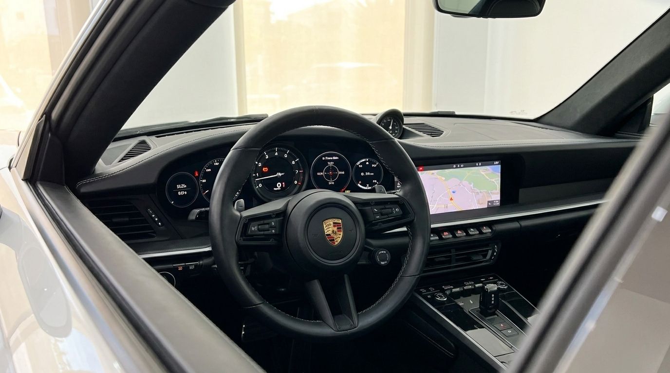 El lujoso interior del Porsche 911 Carrera S 992 (Coupe) en Madrid, con volante, salpicadero digital y pantalla de navegación.