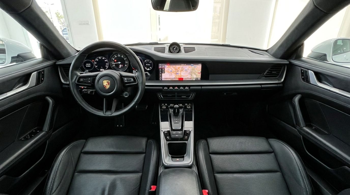 Interior del habitáculo del Porsche 911 Carrera S 992 (Coupe) con volante, salpicadero y pantalla de infoentretenimiento en Madrid.