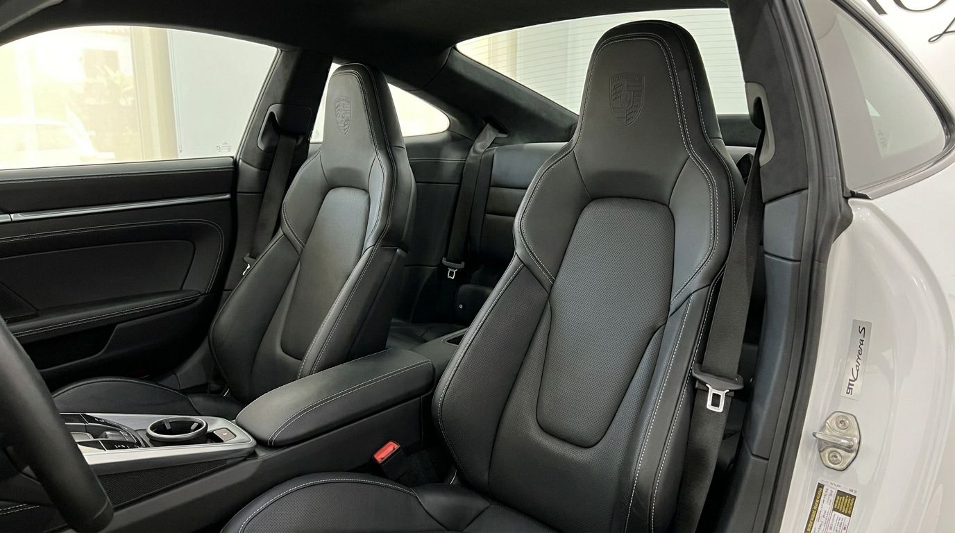 Interior del Porsche 911 Carrera S 992, mostrando los asientos delanteros y traseros de cuero negro con costuras blancas en Madrid.