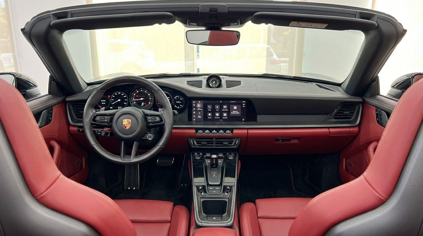 Porsche 911 Carrera S Cabrio 992 interior, featuring the red leather cockpit, dashboard, and steering wheel in Marbella.