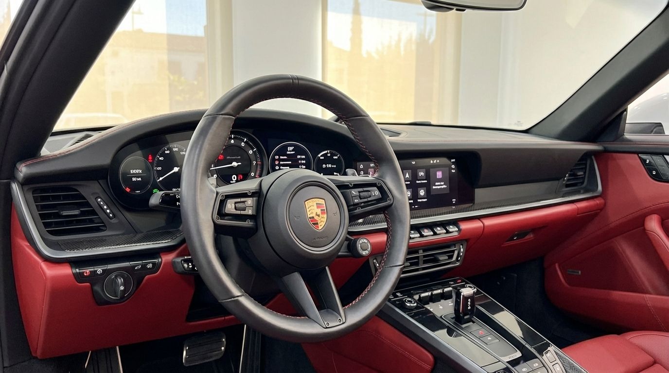 Porsche 911 Carrera S Cabrio 992 cockpit in Marbella, featuring the steering wheel, dashboard, and red leather interior.