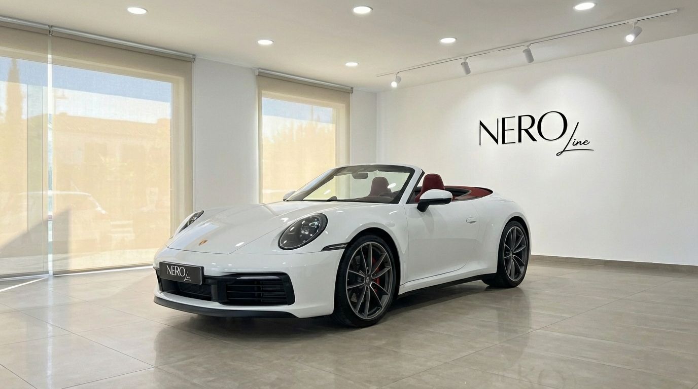 The white Porsche 911 Carrera S Cabrio 992 convertible is showcased from a front three-quarter angle in a bright Marbella showroom, featuring red interior and the NEROline logo.