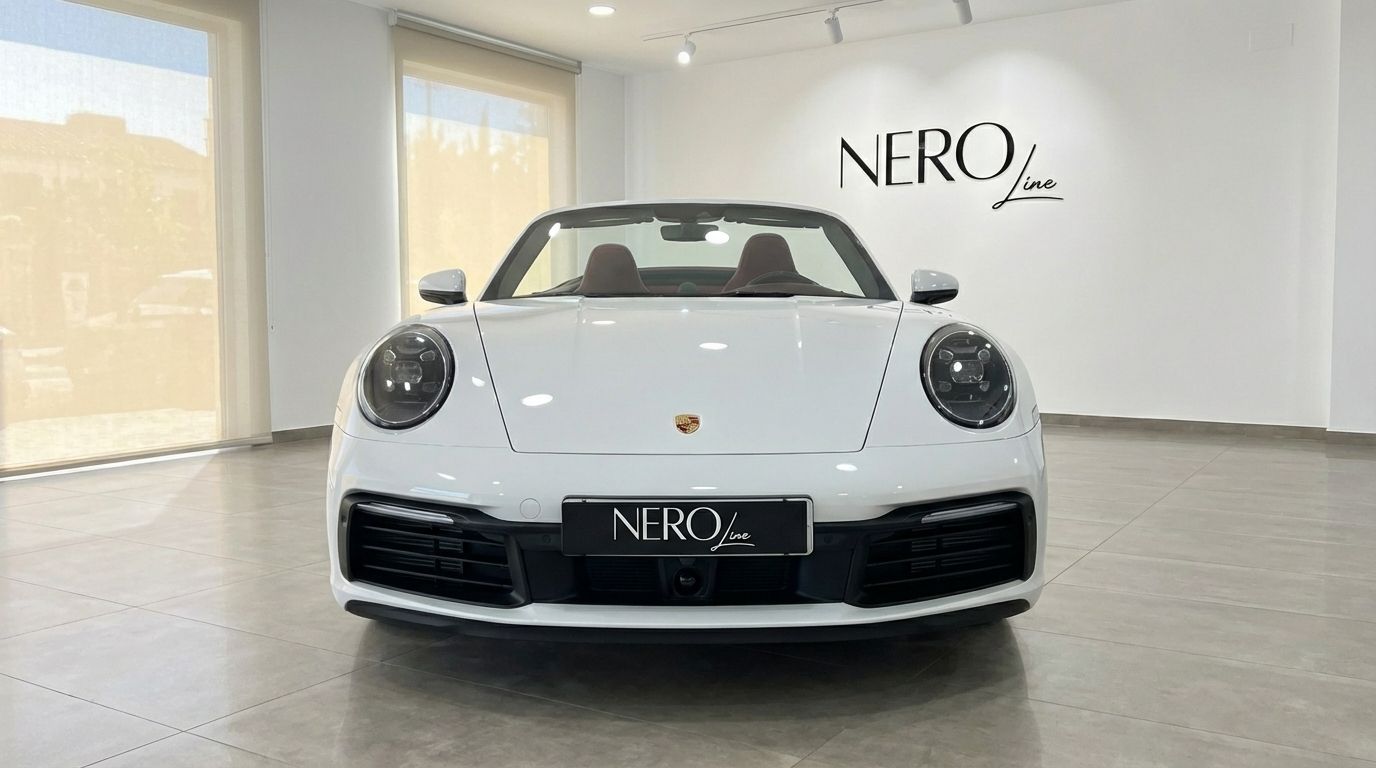The white Porsche 911 Carrera S Cabrio 992 is shown from the front with its top down in a Marbella showroom.