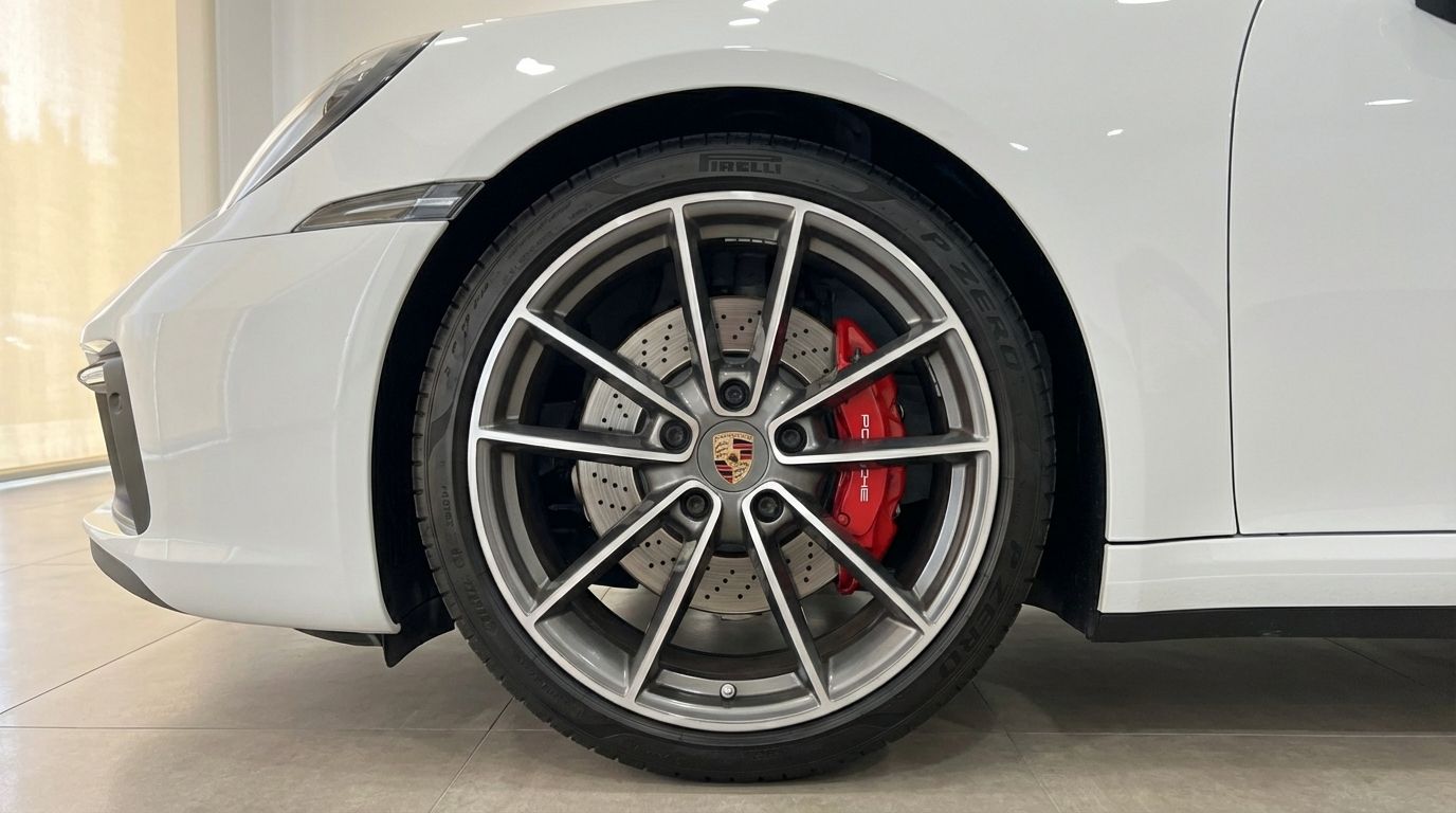 White Porsche 911 Carrera S Cabrio 992 front wheel with silver multi-spoke rim and red brake caliper in Marbella.