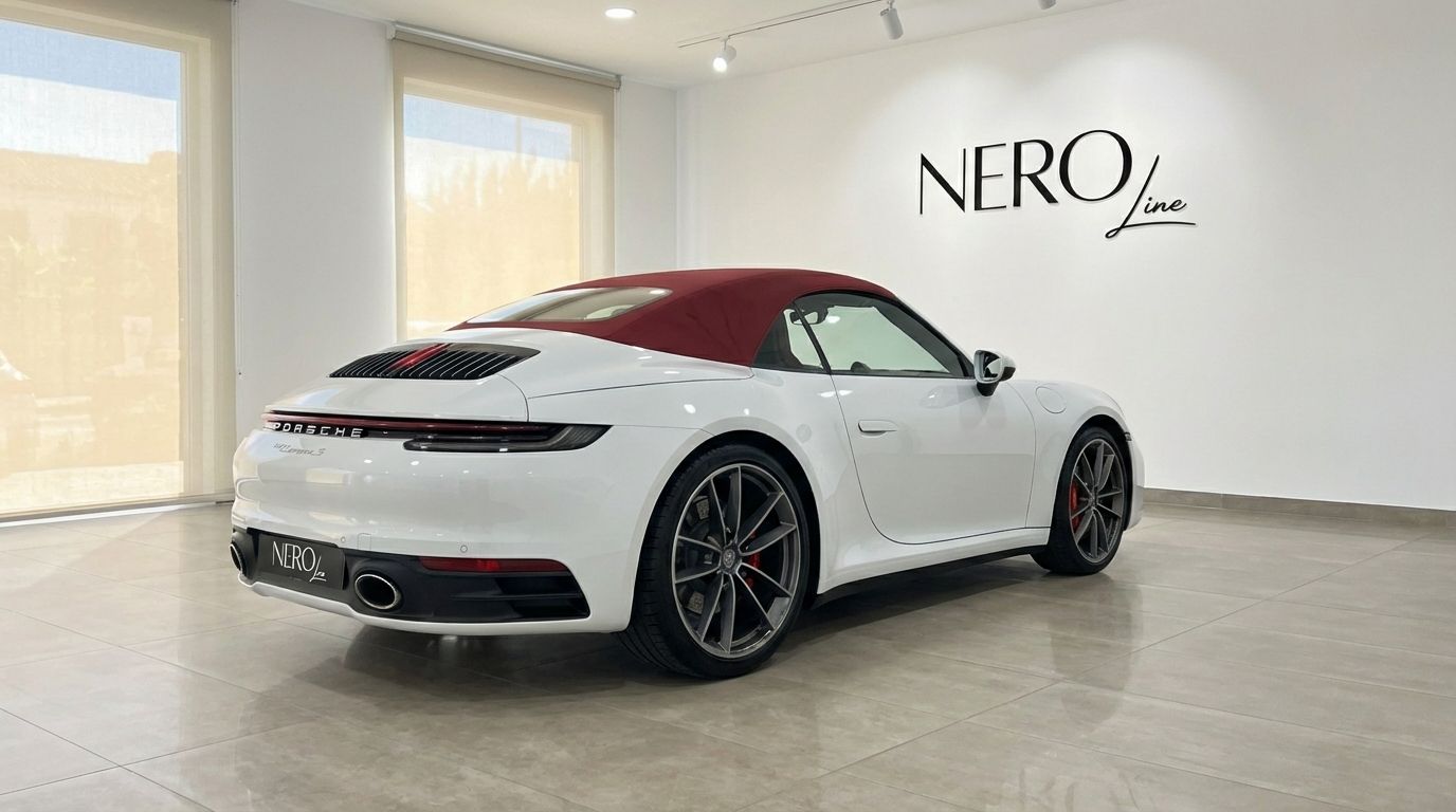A white Porsche 911 Carrera S Cabrio 992 with a red soft top is parked in a modern showroom in Marbella.