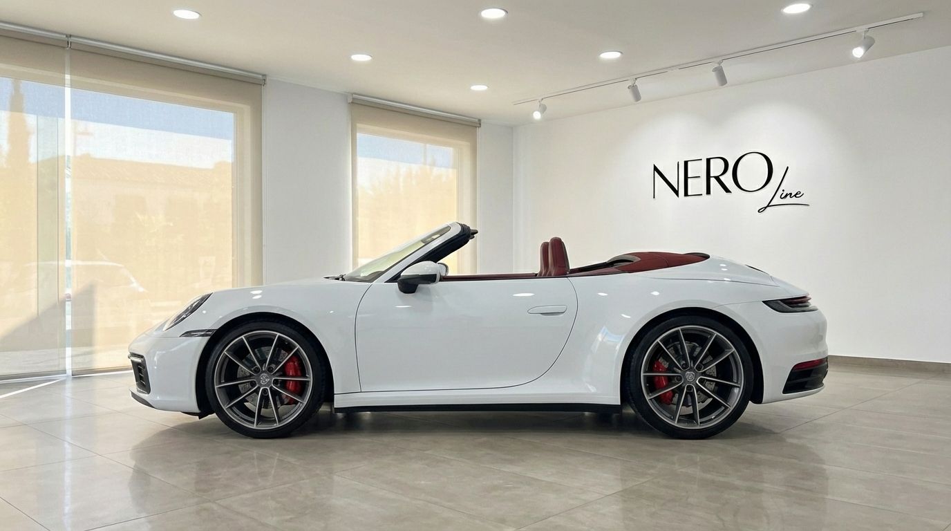 A white Porsche 911 Carrera S Cabrio 992, with its convertible top down and red interior, is parked indoors in Marbella.