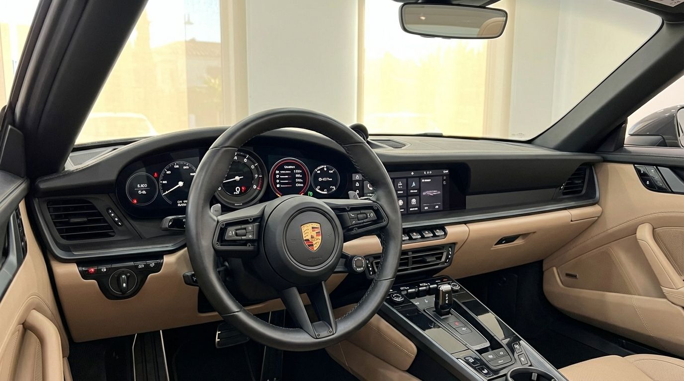 The luxurious cockpit of the Porsche 911 Carrera S Cabrio, showcasing the steering wheel, dashboard, and central console in Marbella.