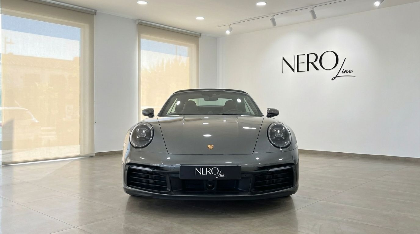 Front view of the grey Porsche 911 Carrera S Cabrio in a luxury showroom in Marbella.
