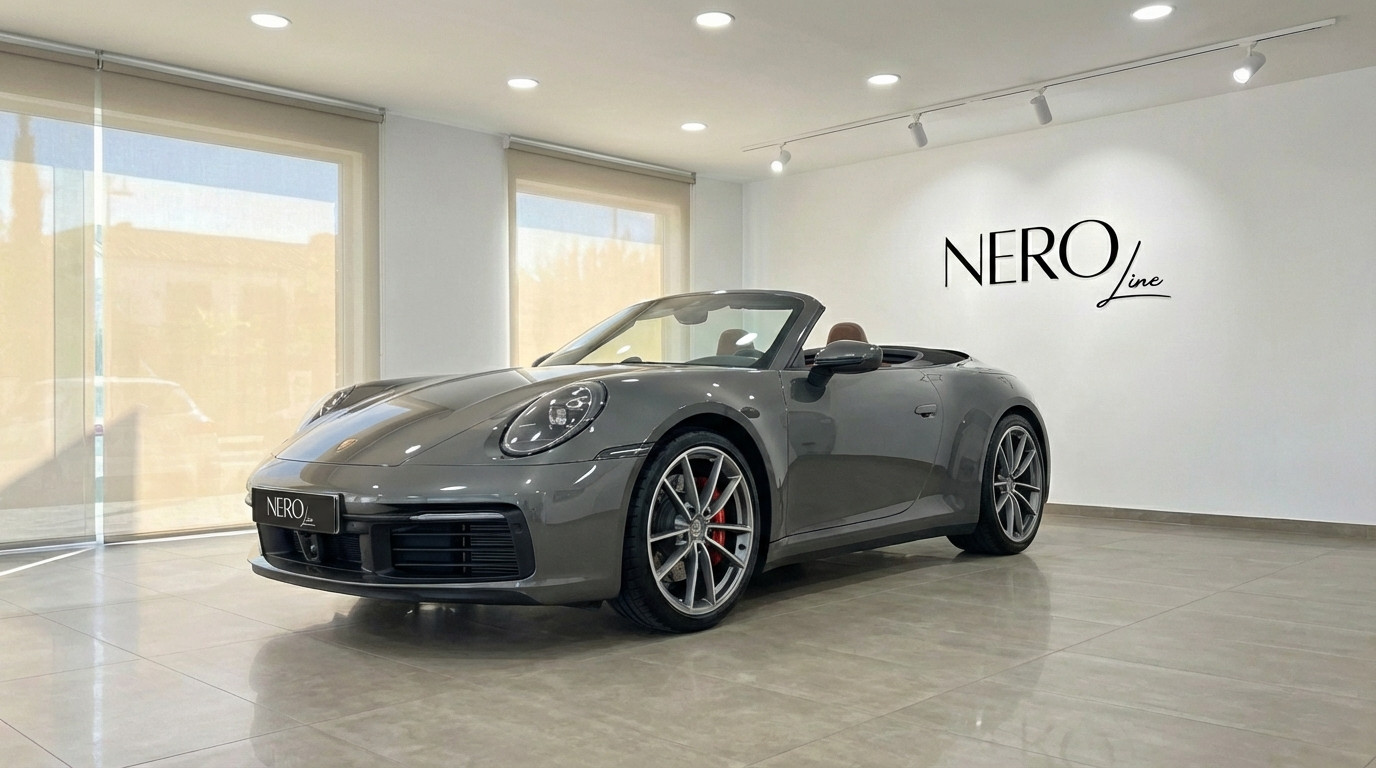 Porsche 911 Carrera S Cabrio — Showroom Marbella A grey Porsche 911 Carrera S Cabrio with its top down, parked in a bright showroom in Marbella.