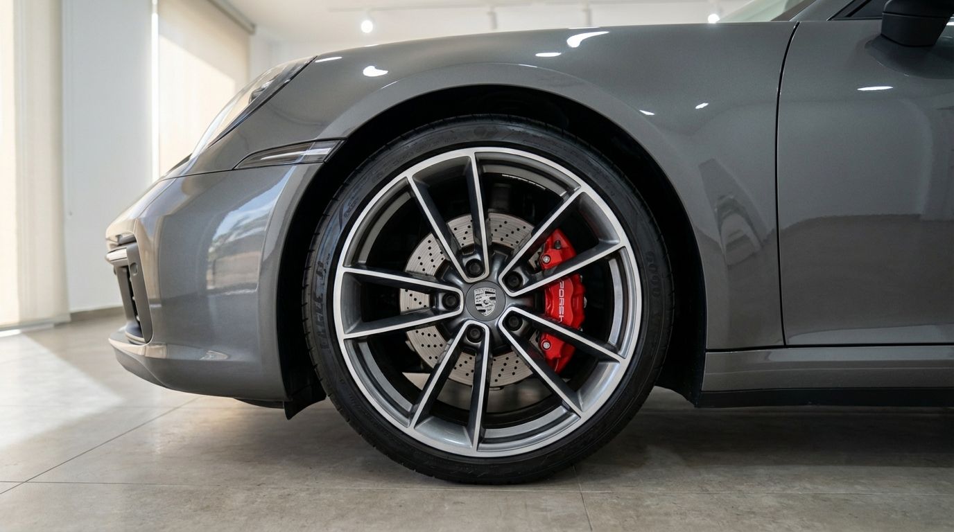 A close-up of the grey Porsche 911 Carrera S Cabrio's front wheel, showcasing the silver multi-spoke rim and vibrant red brake calipers, available in Marbella.