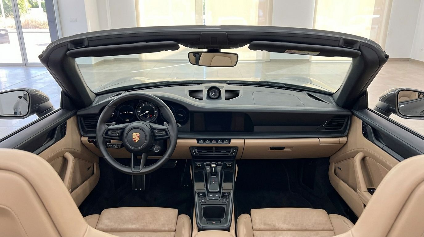 The luxurious interior of the Porsche 911 Carrera S Cabrio in Marbella, featuring beige leather seats, a modern dashboard, and a sleek steering wheel.