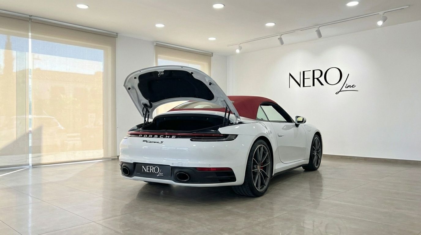 The white Porsche 911 Carrera S Cabrio 992 is showcased from the rear with its engine bay open in a Marbella showroom.