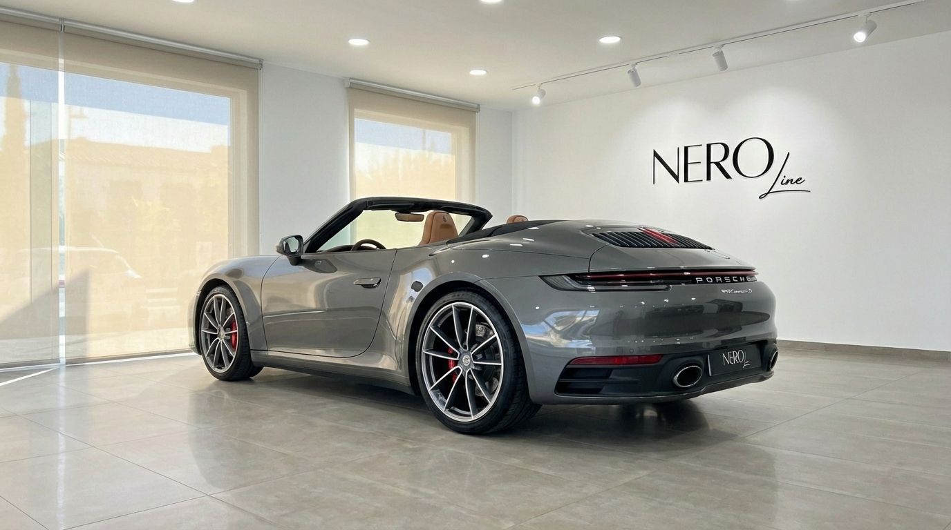 The grey Porsche 911 Carrera S Cabrio is shown from the rear three-quarter angle, parked indoors in Marbella.