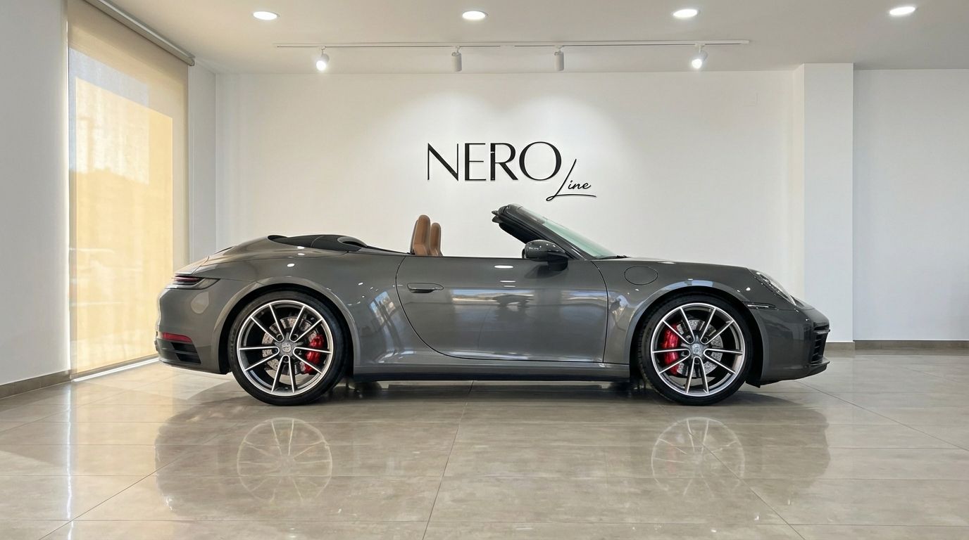 The grey Porsche 911 Carrera S Cabrio, with its top down and tan interior, is showcased from a side profile in a Marbella showroom.