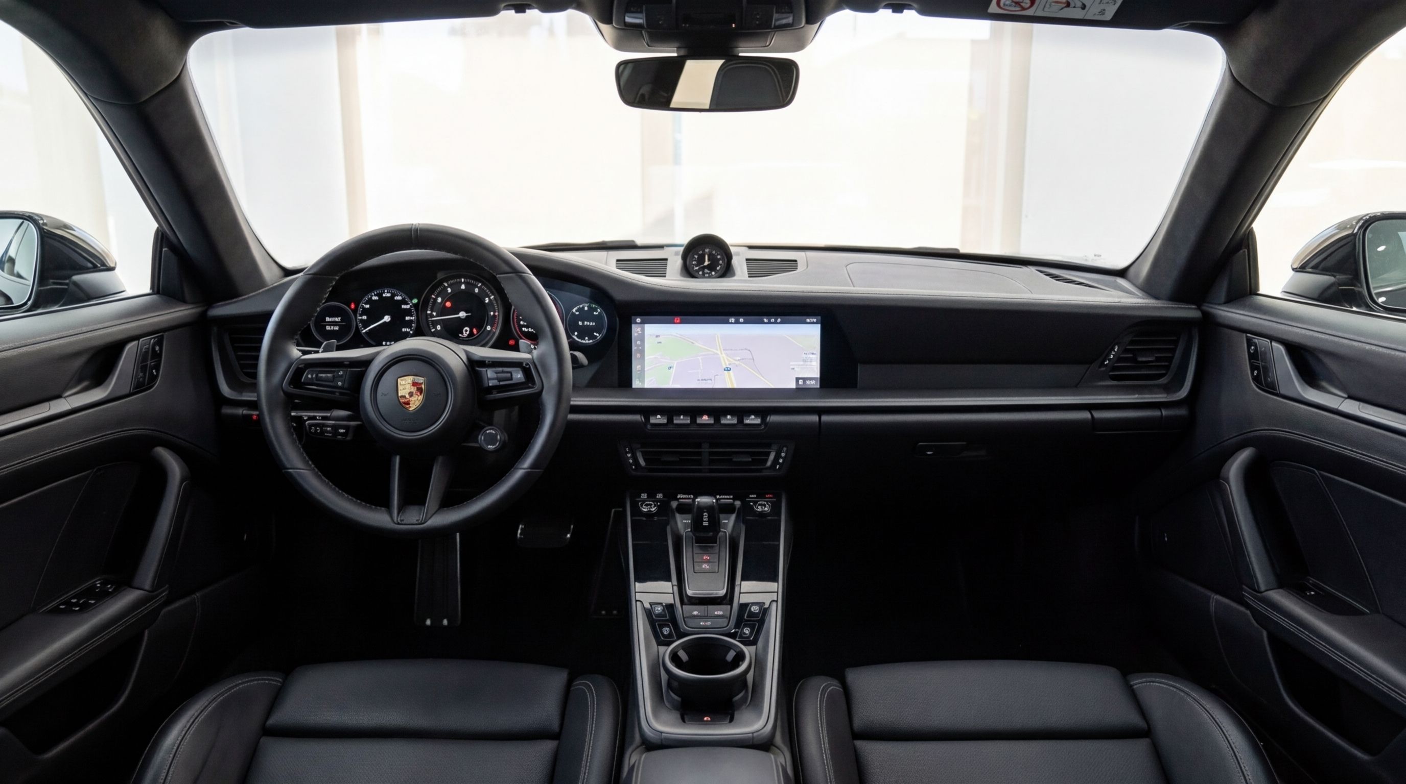 The luxurious black interior of the Porsche 911, featuring the steering wheel, digital dashboard, and central console in Malaga.