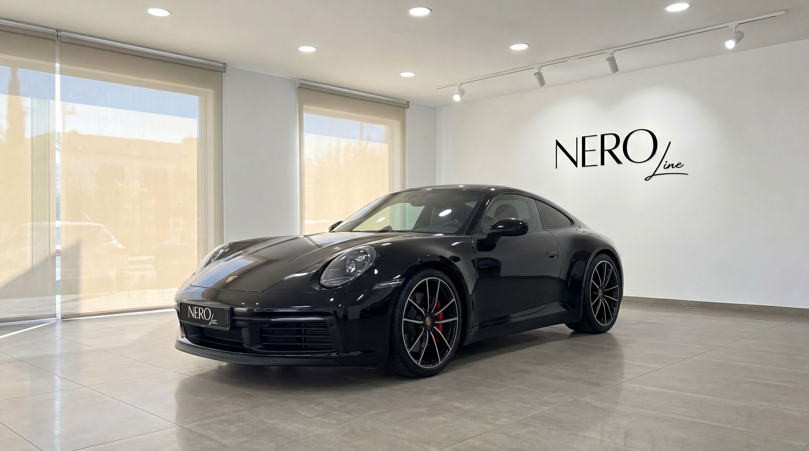 A sleek black Porsche 911 is showcased from a front three-quarter angle in a bright Nero Line showroom in Malaga.