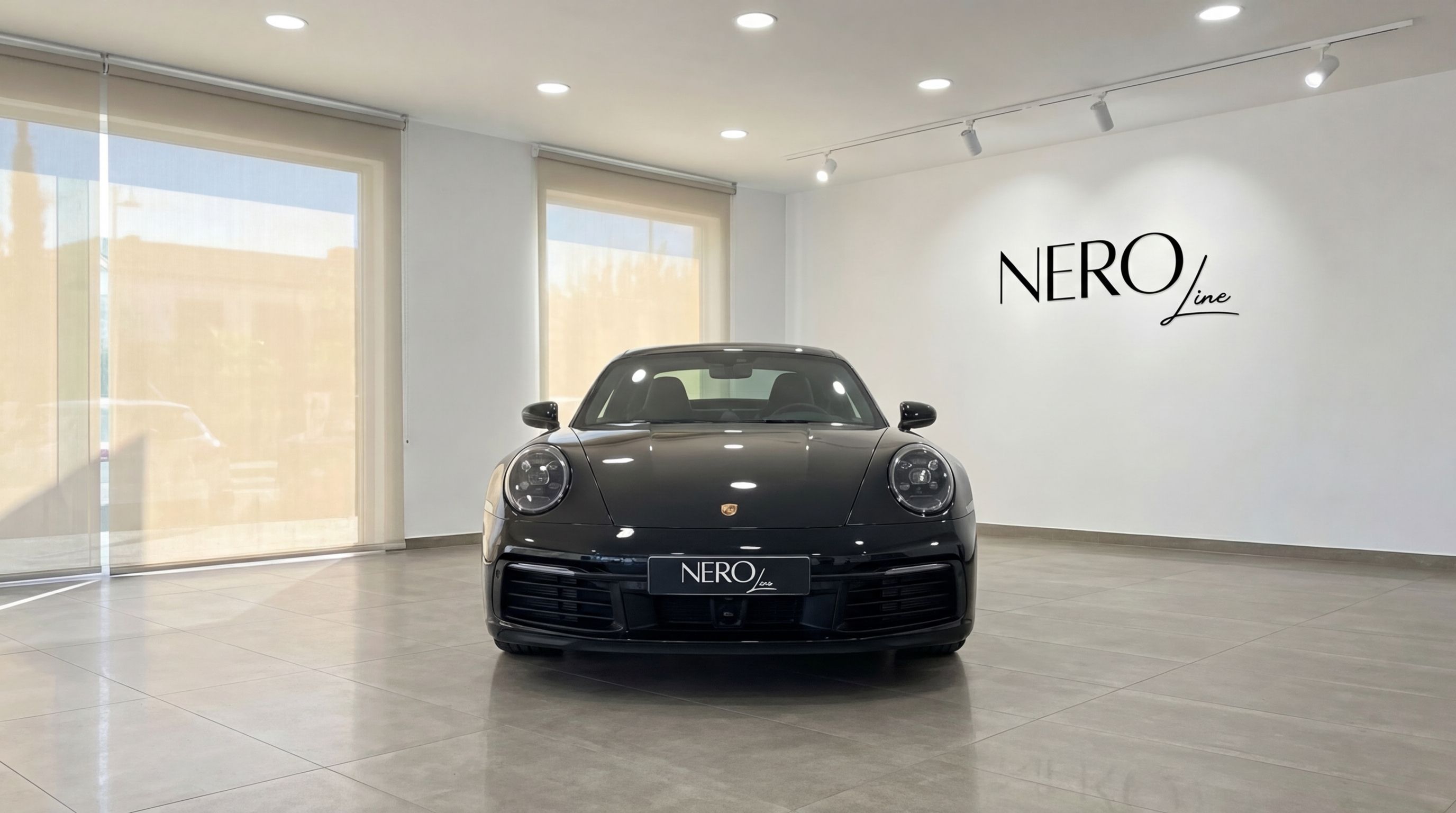 Black Porsche 911 (2024 model) front view in a bright showroom with the NEROline logo in Malaga.