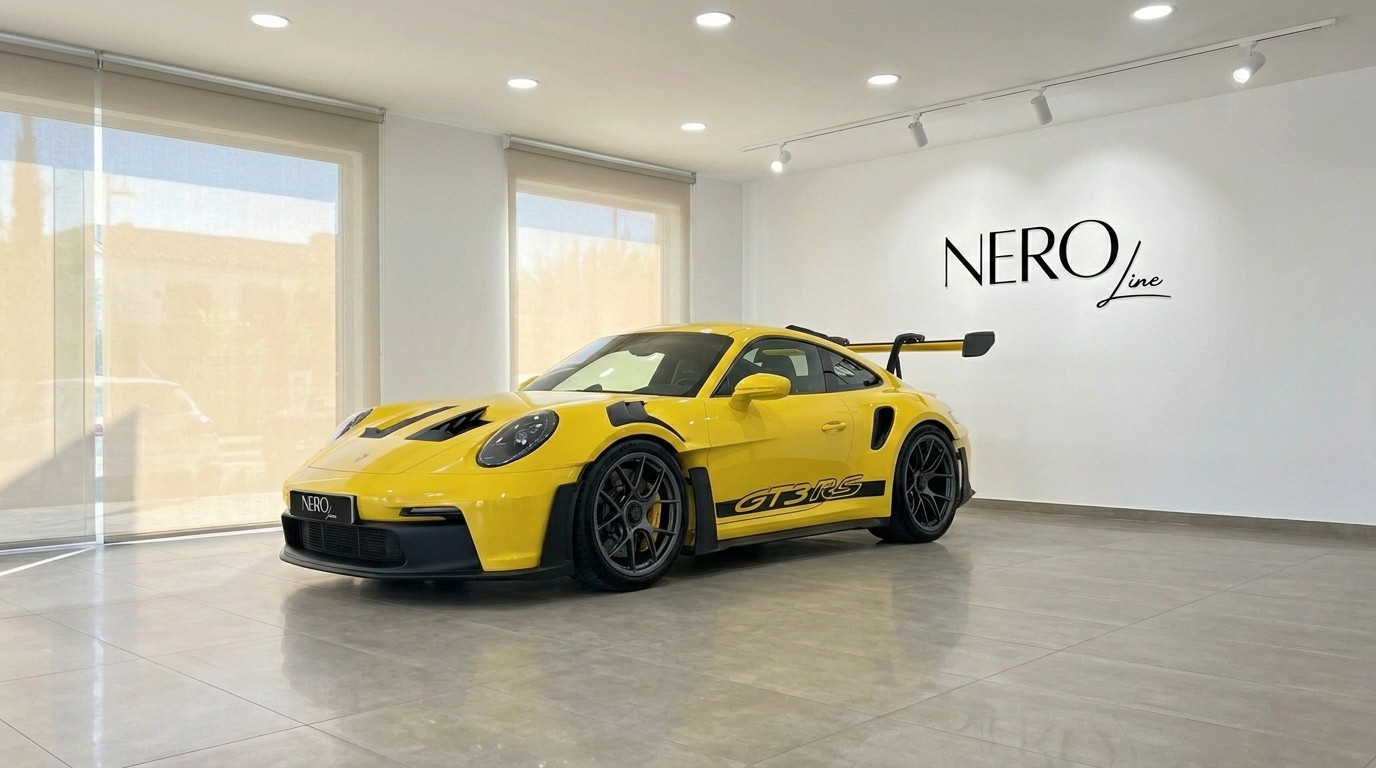 Porsche 911 GT3 RS — Supercar di lusso a Ibiza Una Porsche 911 GT3 RS giallo lucido è parcheggiata in uno showroom con il logo Nero Line sulla parete a Ibiza.