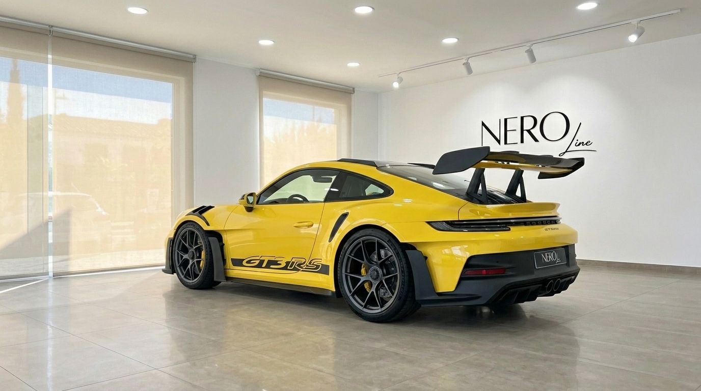 Una Porsche 911 GT3 RS giallo lucido è parcheggiata in uno showroom di lusso, ripresa da un'angolazione posteriore a tre quarti a Ibiza.