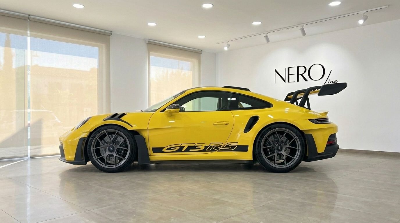 Una Porsche 911 GT3 RS giallo lucido, con il suo prominente alettone posteriore e la decalcomania 'GT3 RS', esposta in uno showroom luminoso a Ibiza.