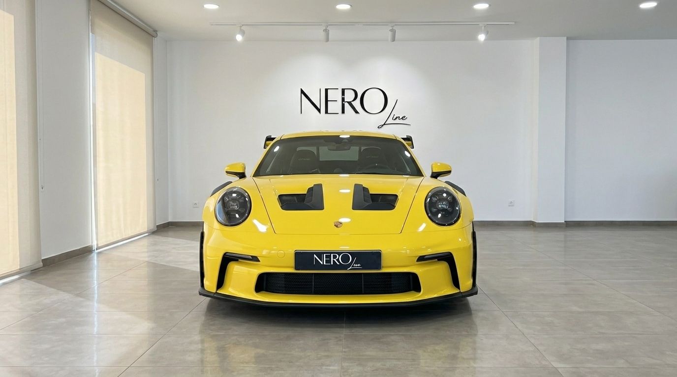 La Porsche 911 GT3 RS giallo lucido è esposta frontalmente in un luminoso showroom a Ibiza.