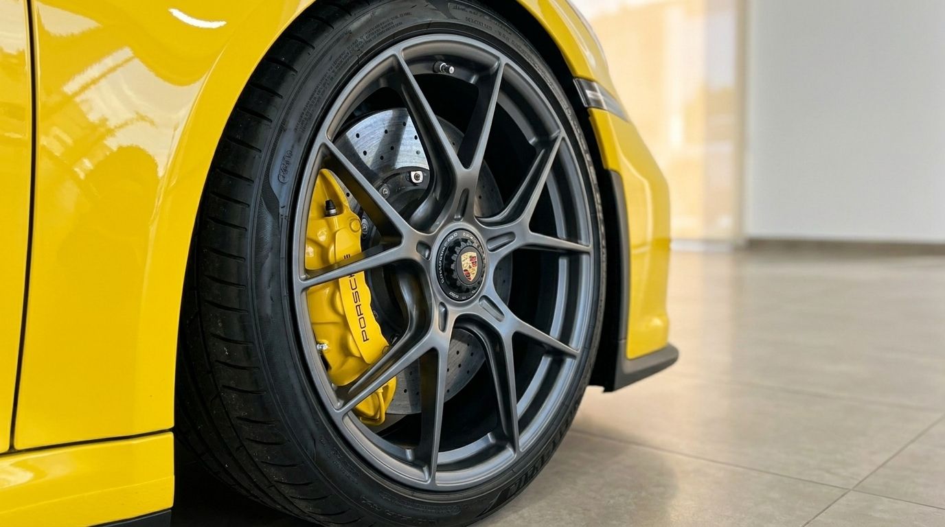 Primo piano della ruota anteriore della Porsche 911 GT3 RS gialla, con il suo cerchio grigio a più razze e la pinza freno gialla a Ibiza.