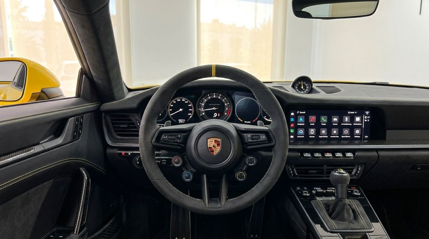 Il lussuoso abitacolo della Porsche 911 GT3 RS a Ibiza, con volante, cruscotto e schermo di infotainment.