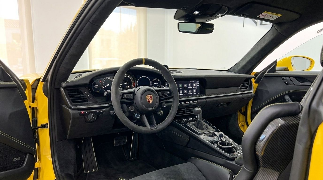 L'interno lussuoso della Porsche 911 GT3 RS a Ibiza, che mostra il volante, il cruscotto e i sedili in fibra di carbonio.