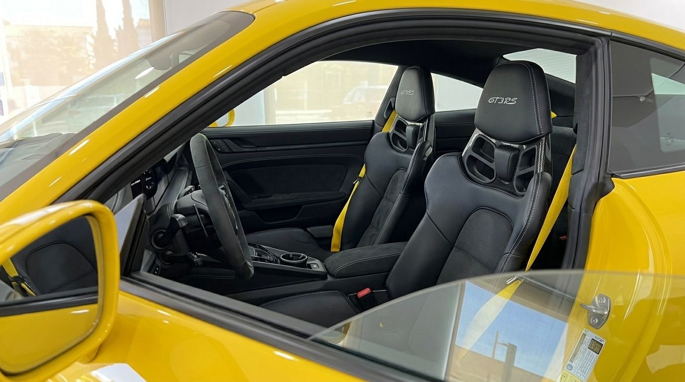 L'interno lussuoso della Porsche 911 GT3 RS a Ibiza, con sedili da corsa neri, cinture di sicurezza gialle e un volante sportivo.