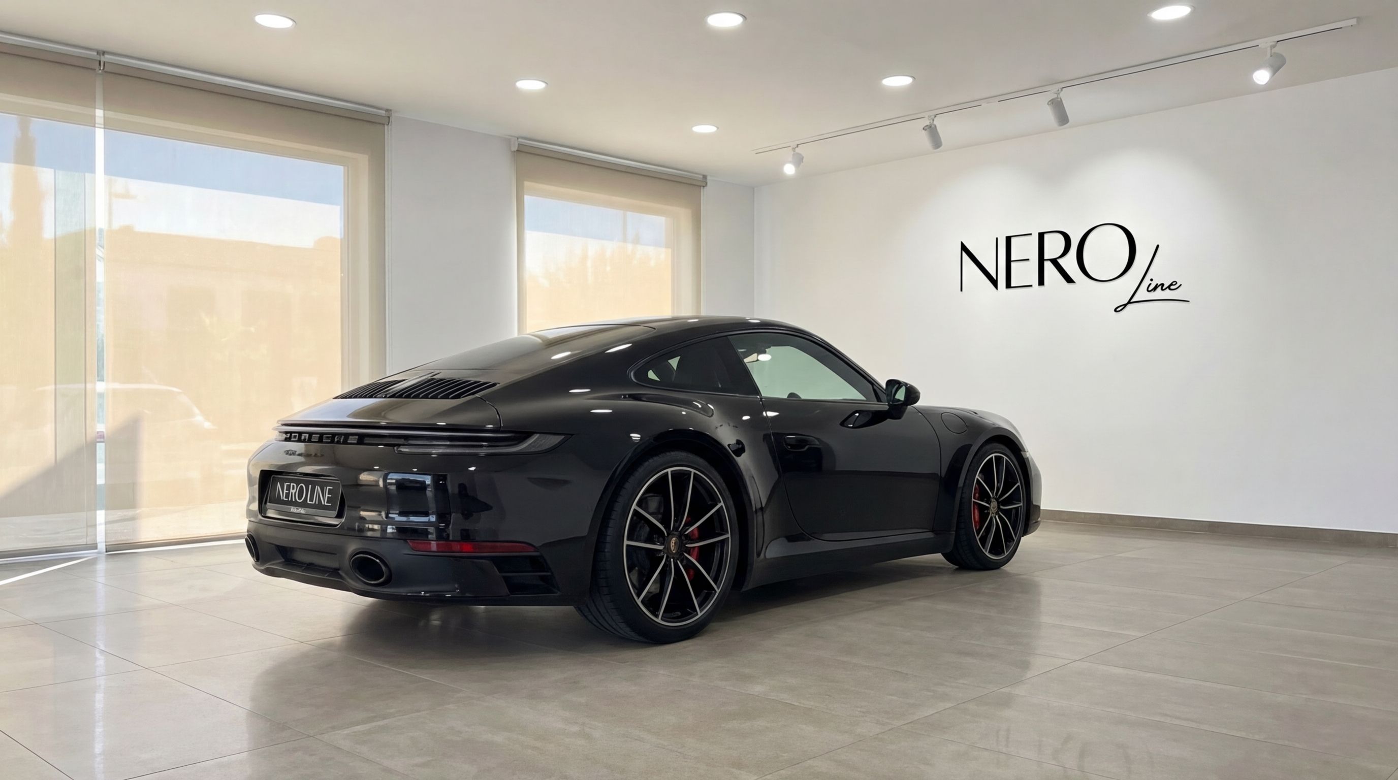 A sleek black Porsche 911 is parked in a showroom, captured from a rear three-quarter angle in Malaga.