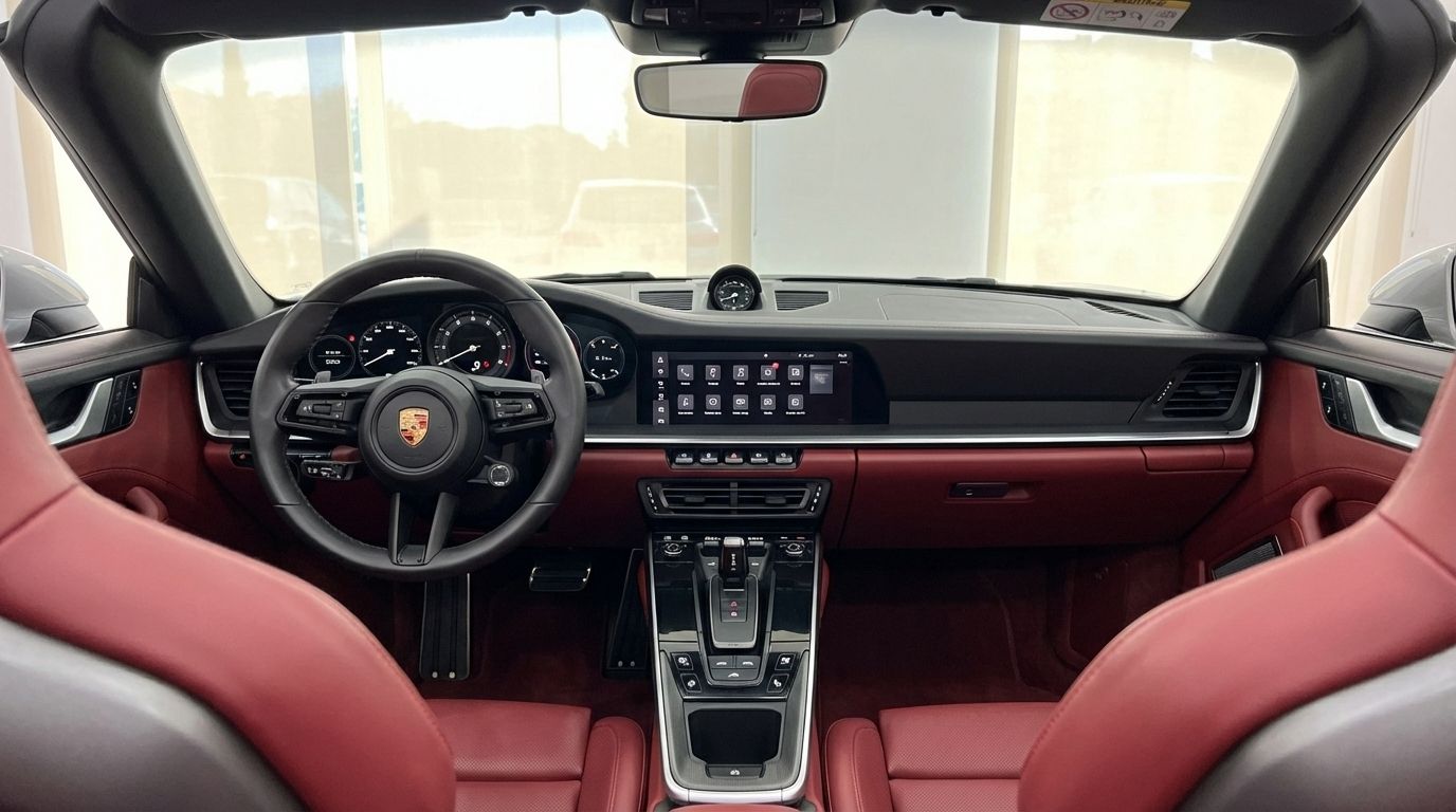 The luxurious red leather interior and modern dashboard of the Porsche 911 Turbo S Cabrio in Barcelona.