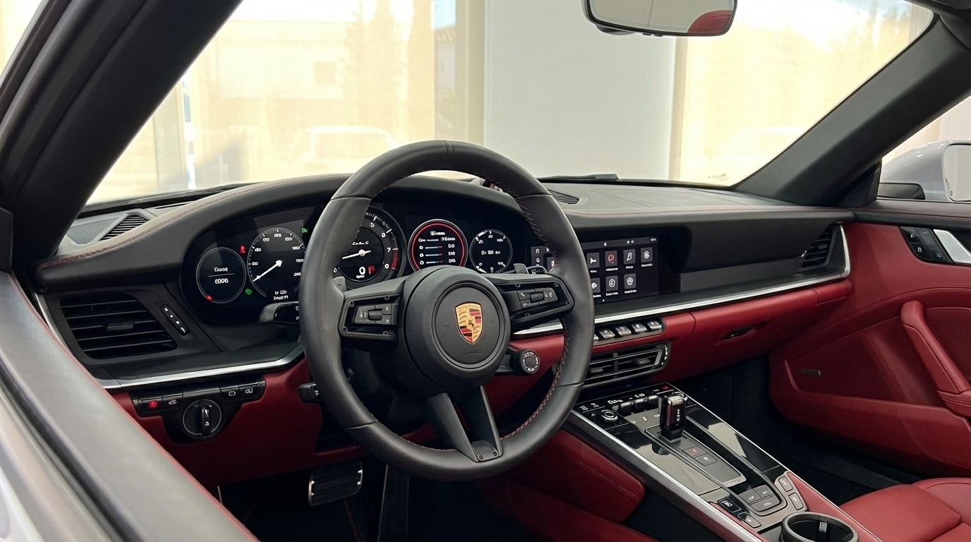 The luxurious red and black interior of the Porsche 911 Turbo S Cabriolet, showing the steering wheel, dashboard, and infotainment screen in Barcelona.