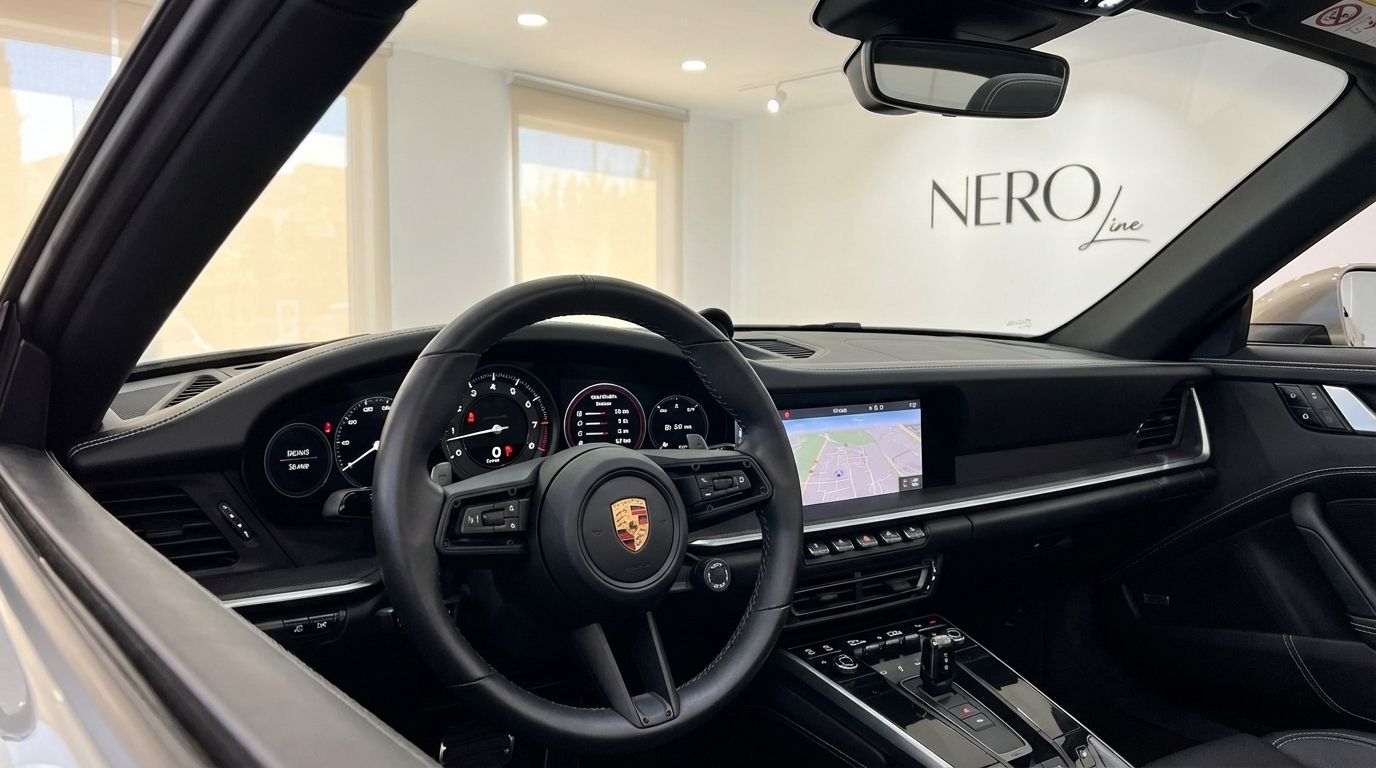 El lujoso interior negro y el salpicadero de un Porsche 911 Turbo S Cabrio 992 de 2023 en Madrid, con el volante y la pantalla de infoentretenimiento.