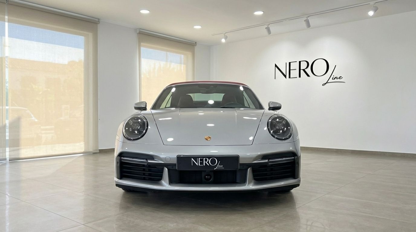 The silver 2023 Porsche 911 Turbo S Cabriolet is showcased from a front view inside a bright, modern showroom in Barcelona.