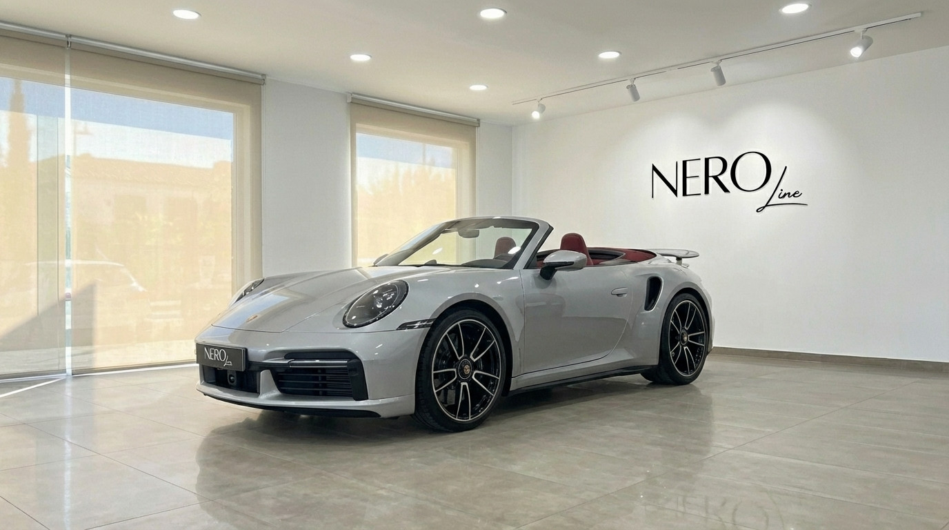 Porsche 911 Turbo S Cabriolet — Barcelona showroom The silver 2023 Porsche 911 Turbo S Cabriolet with a red interior is showcased from the front three-quarter view in a Barcelona showroom.